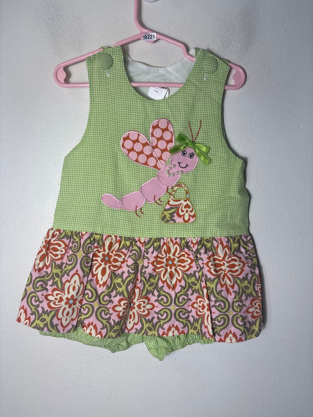 Girls Vintage Potato Saks Green Check Bubble Applique Butterfly Sz 18m